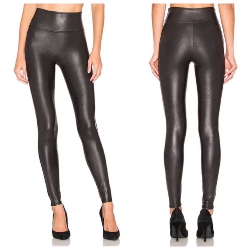 SPANX Women’s Faux Black Leather Leggings Tights in Shimmer Black SZ Medium - Picture 2 of 16
